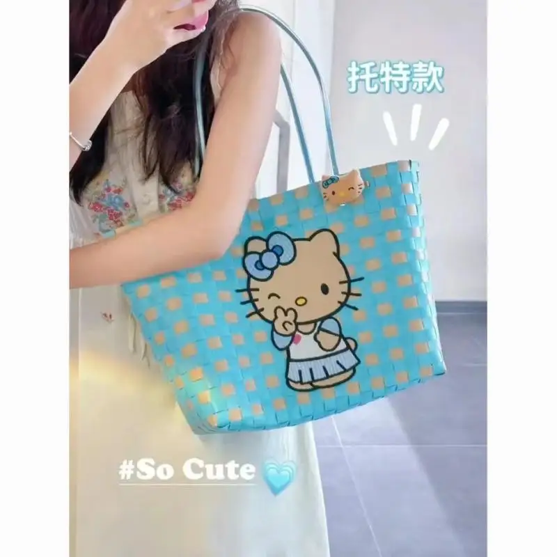 Hello Kitty Kawaii Sanrio Handbag Anime Cute Cartoon Handmade Woven Vegetable Basket Shoulder Bag with Messenger Bag Girl Toys