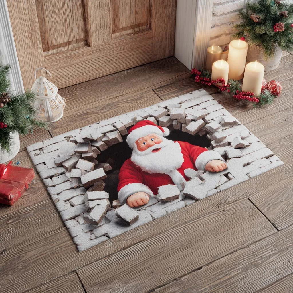 VIKAMA Christmas 3D Vortex Tunnel Rug, Small Square Non Slip Doormat, Soft Fluffy Plush Mat for Entryway, Xmas Holiday Decor