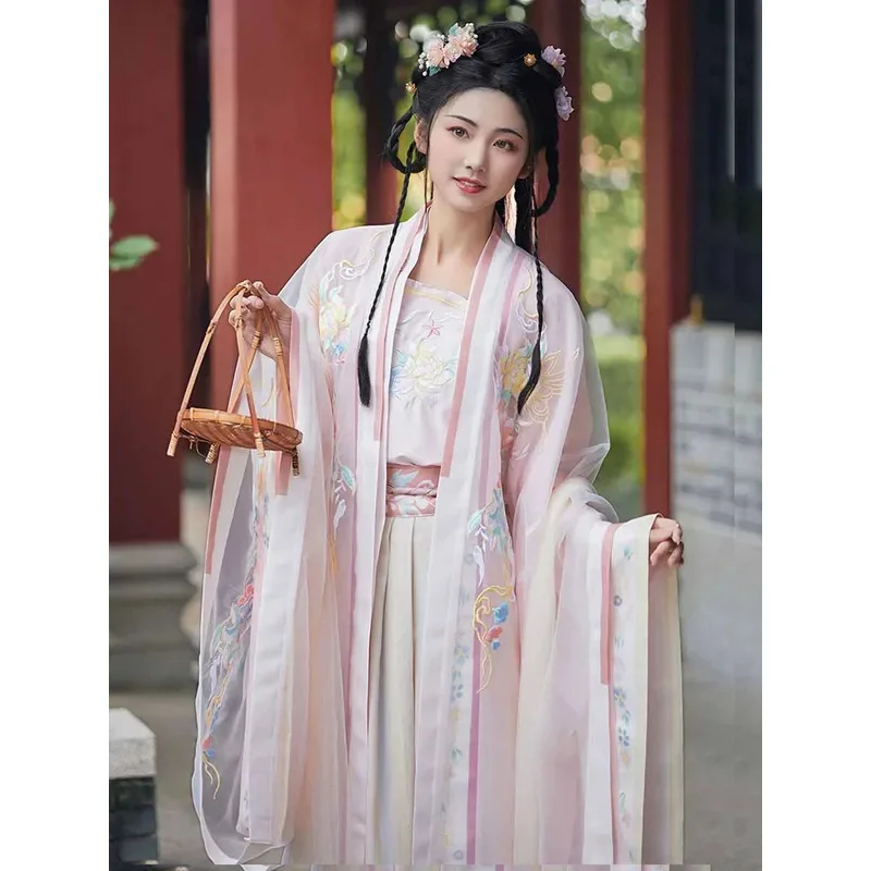 فستان هانفو كبير الحجم للنساء الصيني التقليدي القديم أزياء هانفو التأثيرية المطرزة باللون الوردي والأزرق فستان حفلات هانفو مقاس كبير