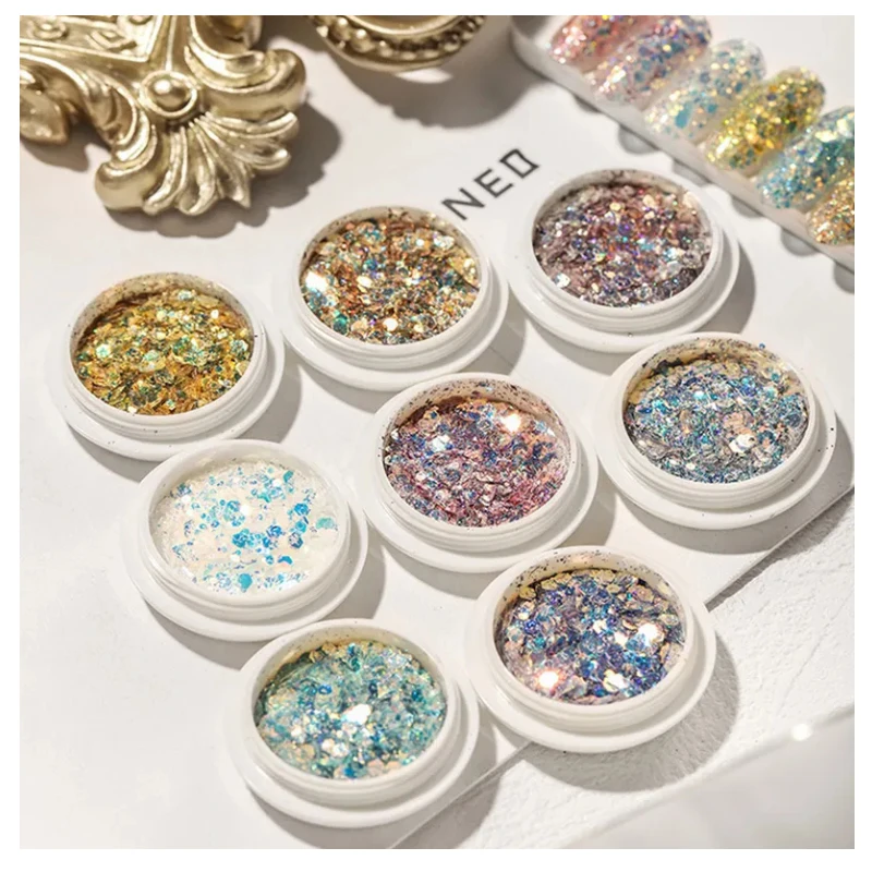 8 ألوان مسمار الفن بريق الترتر مسحوق الصباغ مسمار الفن الديكور لامعة أوبال رقائق أورورا الثلاثية الأبعاد مسحوق