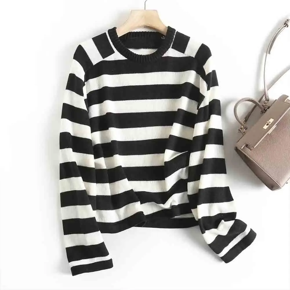 

Women 2023 New Fashion Summer Loose Horizontal Stripe Sweater Vintage O-Collar Long Sleeve Casual Chic Female Pullovers Tops