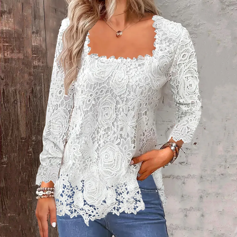 Square Neck Lace Women Solid Long Sleeve Blouse Women Long Sleeve Hollow Out  Floral White Office Lady Pullover Shirt Tops Tees