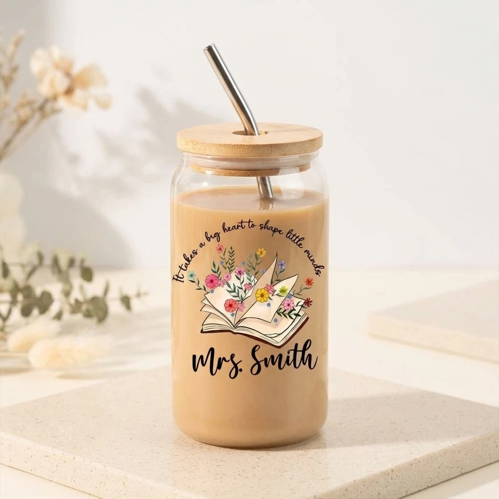 Custom Book Floral Quote Glass Can With Bamboo Lid, Personalized Teacher Name Clear Jar Glass Cup, Graduation Thank You Gift