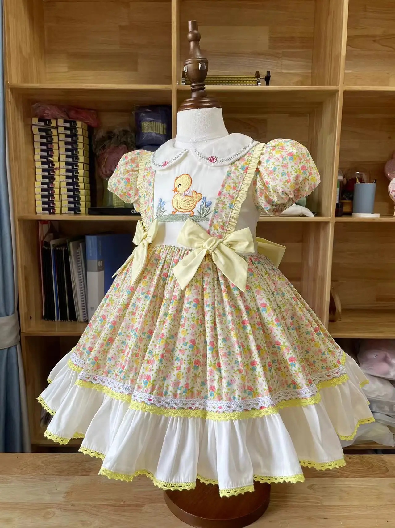 0-12Y Girl Summer Yellow Floral Duck Embroidery Turkish Vintage Lolita Princess Ball Gown Dress for Birthday Holiday Eid