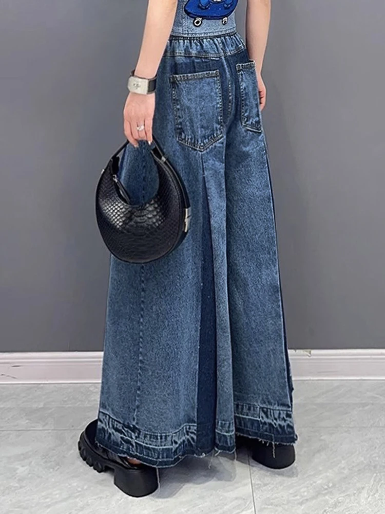 DEAT Blue Denim Pleated Long Wide Leg Jeans New Loose Women High Waist Trousers Fashion Tide Spring Autumn 2024 1DH0520