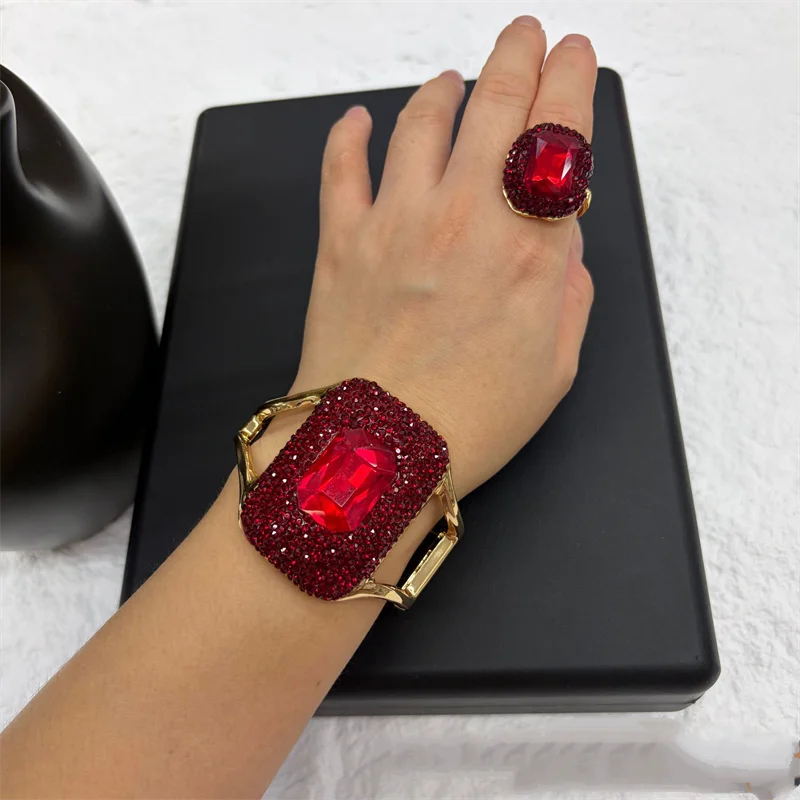 Blue Crystal Rhinestone Bangle And Ring Set Women Cocktail Banquet Statement Costume Jewelry Braclet Vintage Christmas Gift