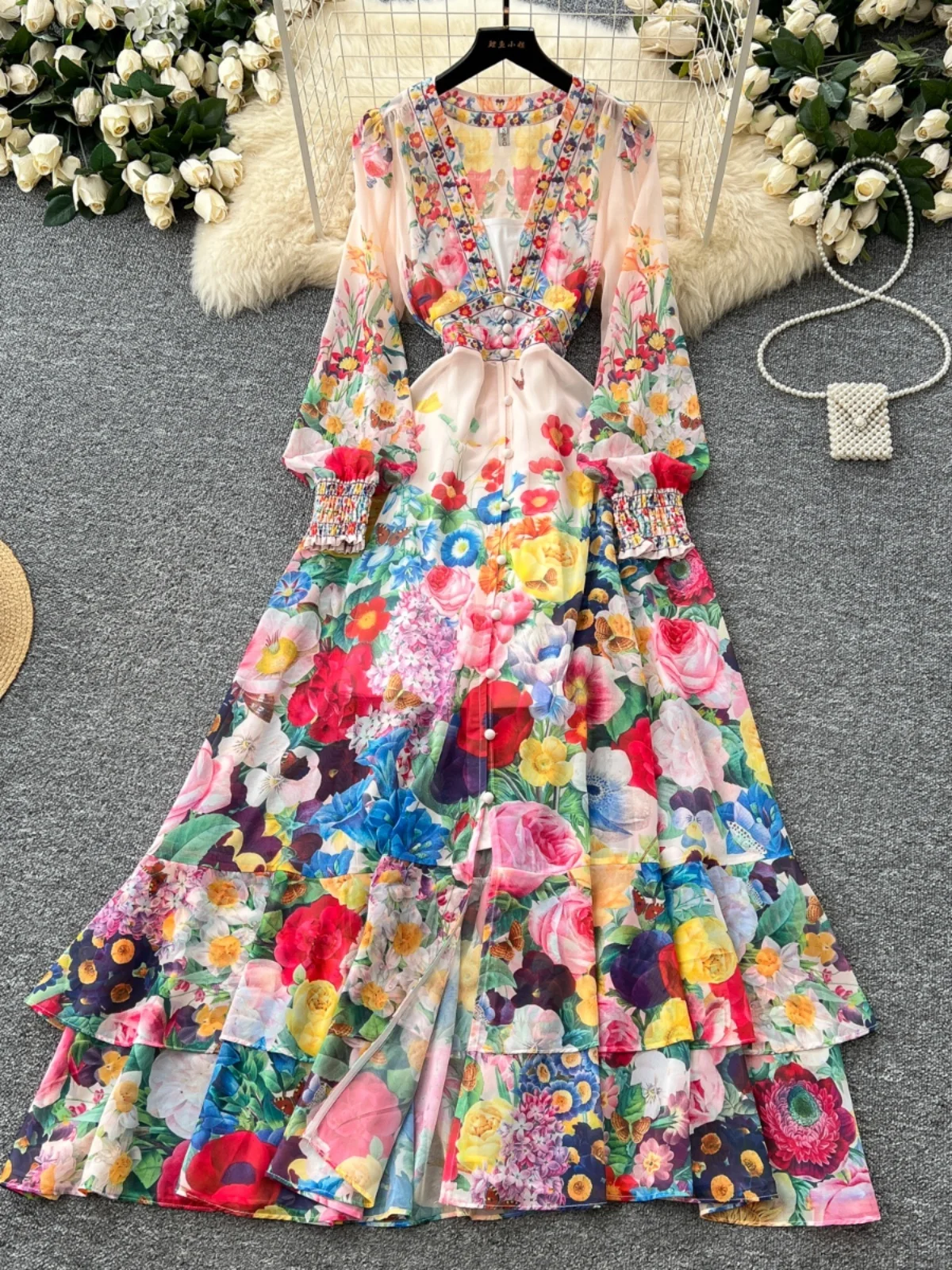 Elegant Long Sleeve Floral Maxi Dress For Women Vintage Spring Summer Deep V Neck Ruffles Cake Bohemian Holiday Party Vestidos