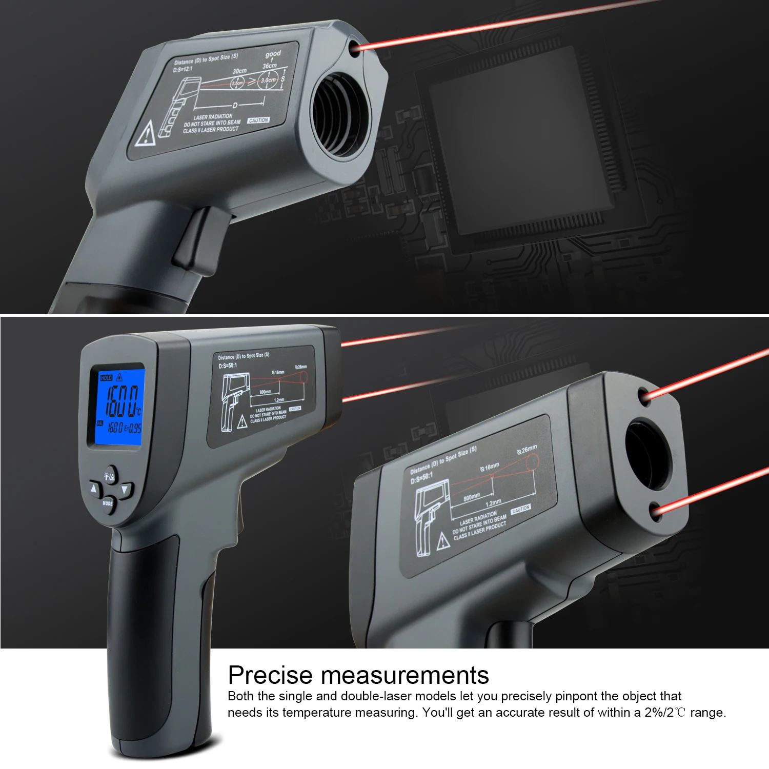 Digital Infrared Thermometer -50~1600C Laser Temperature Meter Gun Digital LCD Industrial Outdoor Laser Pyrometer IR Thermometer