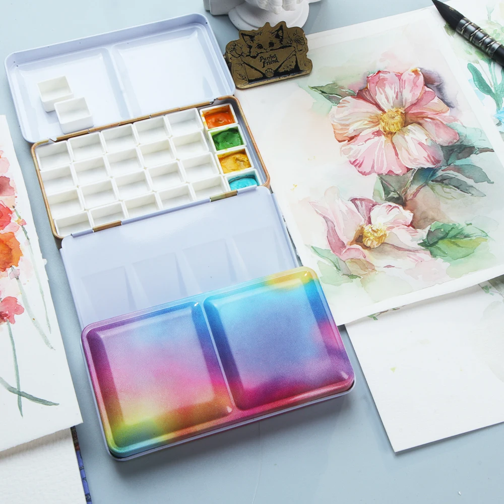 Seamiart 1 peça caixa de metal plana com meia frigideira magnética caixa de ferro dobrável clássica para subpacote de pintura aquarela materiais de arte