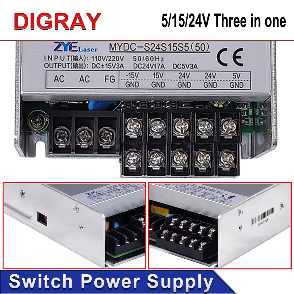 

DIGRAY Three-in-one 500W Adjustable Power Supply, Input 110V/220V, Output 24V 17A 15V 3A 5V 3A , Suitable For Laser Machines