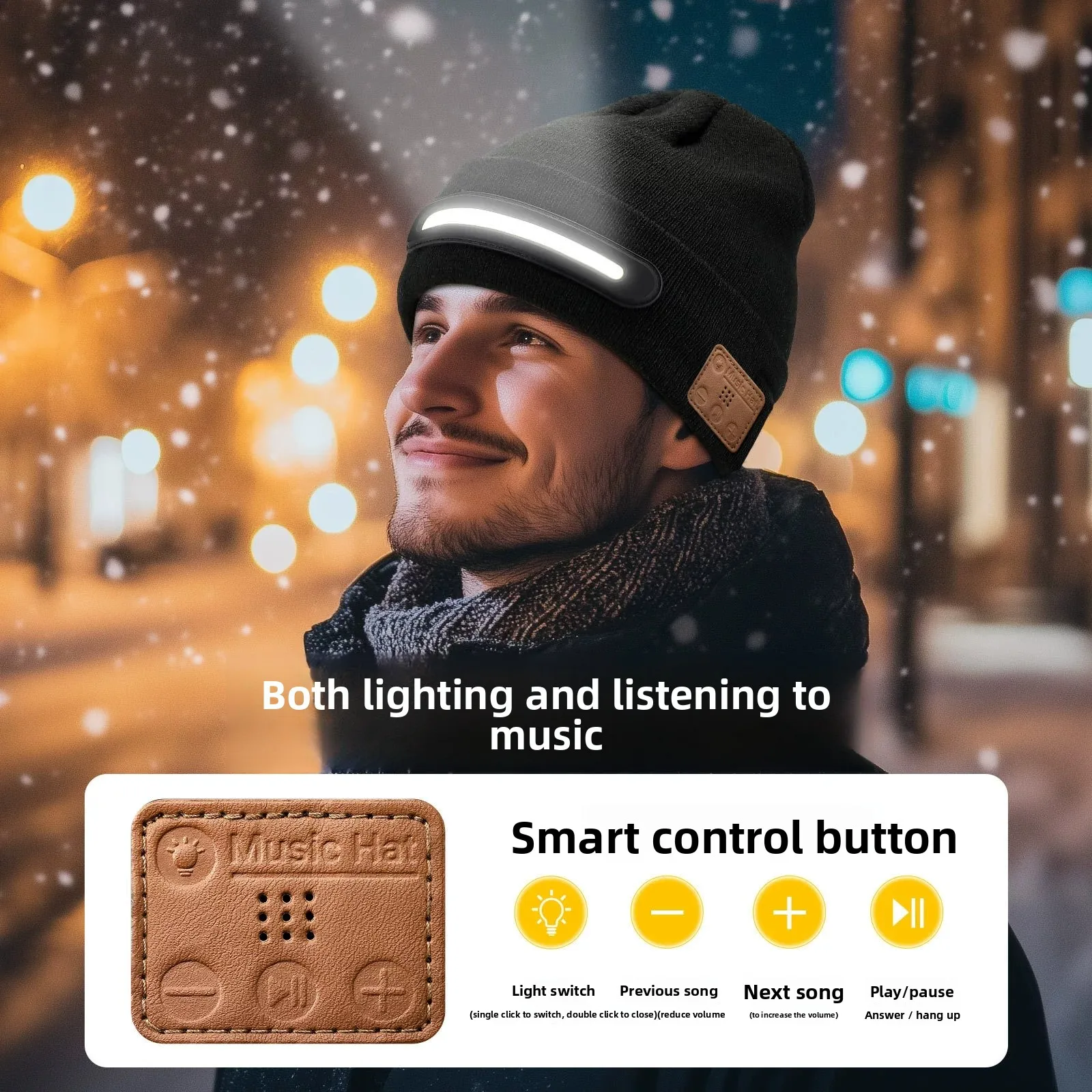 

Беспроводная музыкальная шапка-бини с Bluetooth-наушниками, унисекс, зимняя теплая шапка с фонариком, вязаная шапка с подсветкой, фонарик-шапка