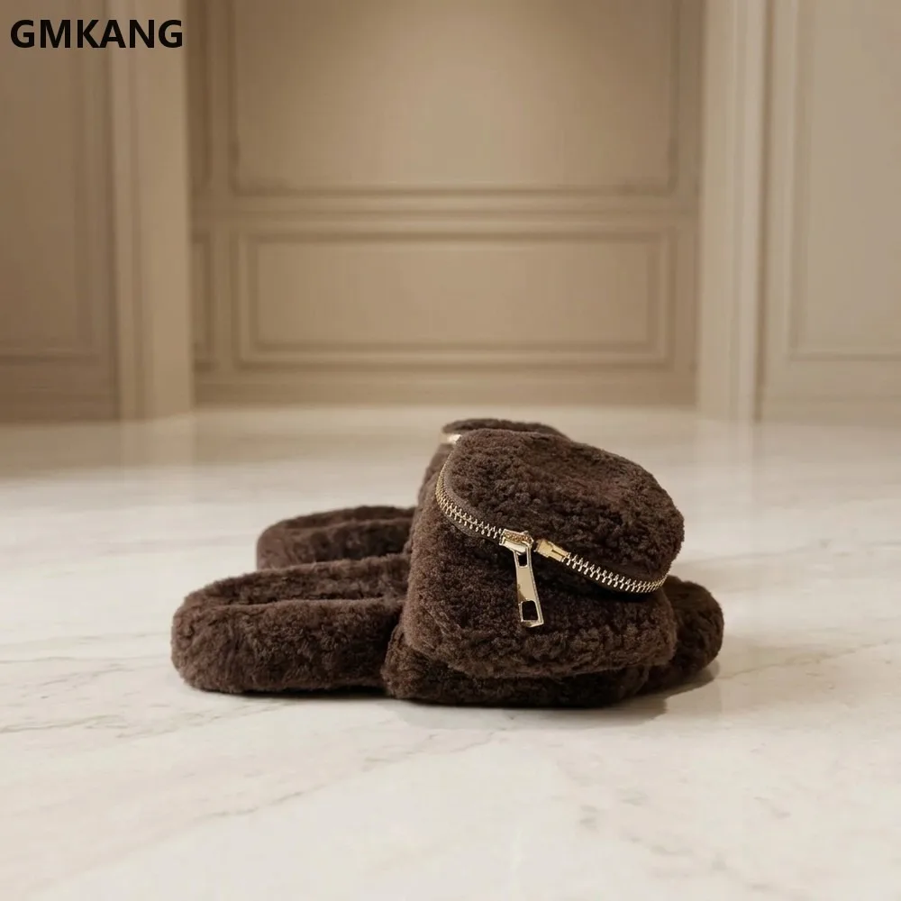 Women Teddy Fuzzy Slide Slippers Open Toe Flat Sandals with Zipper Pocket Decor Winter Warm House Shoes Casual