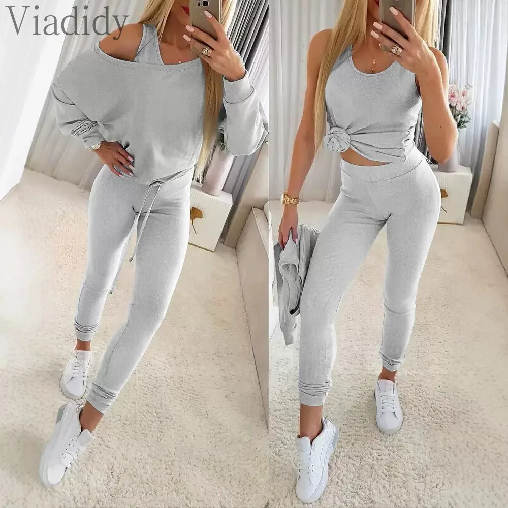 Women Casual Solid Color Long Sleeve Round Neck Pullover Top and High Waist Pencil Pants with Camisole Top 3pcs Set