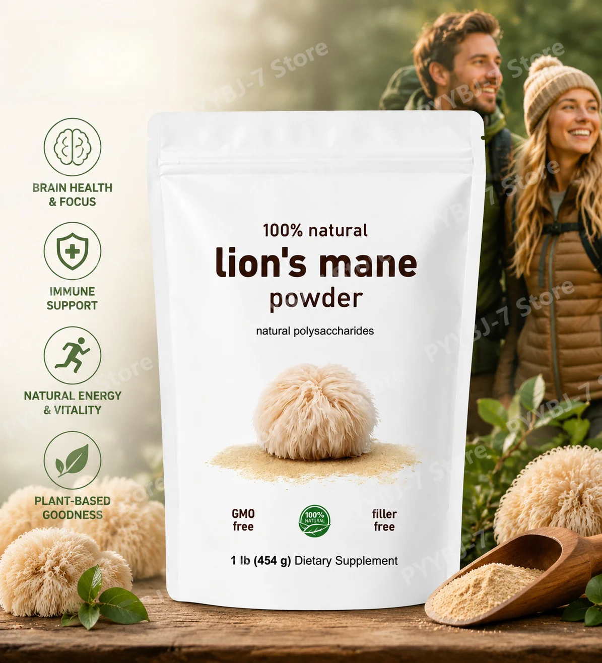 Organic Lions Mane Mushroom Powder Pure Fruiting Body Superfood Supports Brain Focus Energy Immune Health Vegan Non GMO