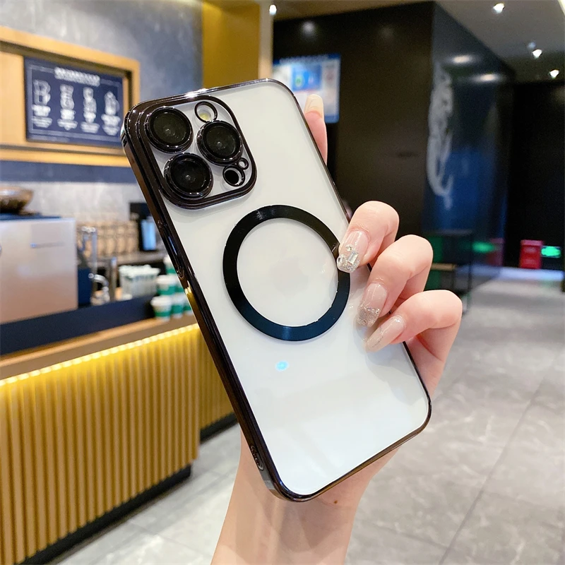 

Magsafe Wireless Charging Case for iPhone Clear Soft Magnetic Silicon Cover Luxury Plating 15 14 Plus 13 12 11 Pro X XR XS Max
