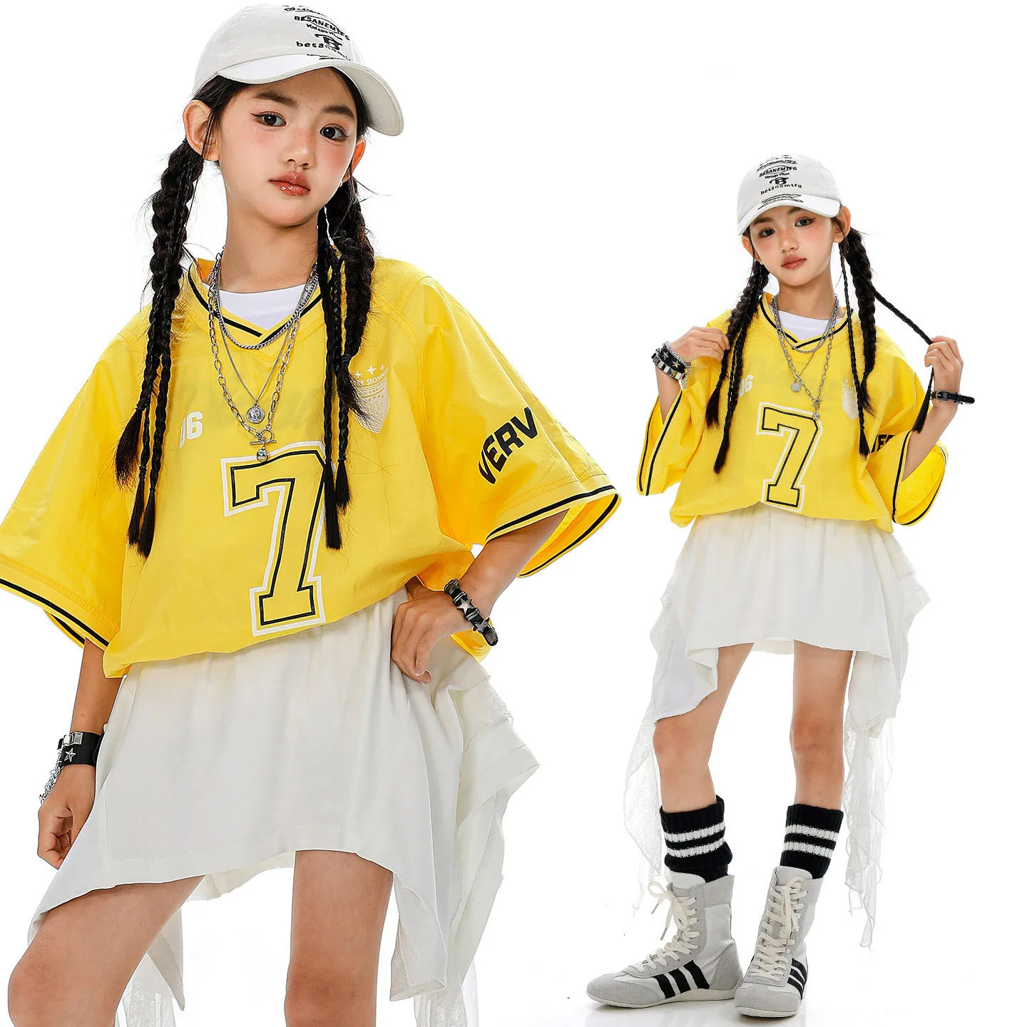 Kind Kpop Hip Hop Kleidung Gelb V-ausschnitt Jersey T Shirt Top Weiß Straße Spitze Trim Rock für Mädchen Jazz Dance Tragen Kostüm Kleidung
