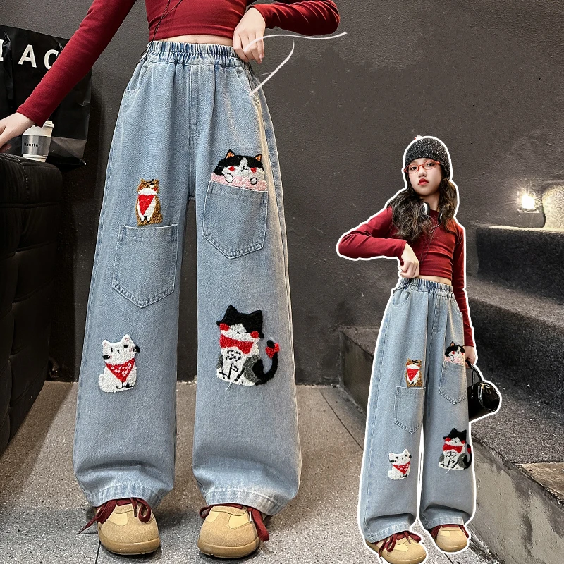 

Spring Autumn Kids Straight Jeans with Cat Embroidered For Girl High Trendy Street Denim Pants Children Trendy Cartoon Trousers