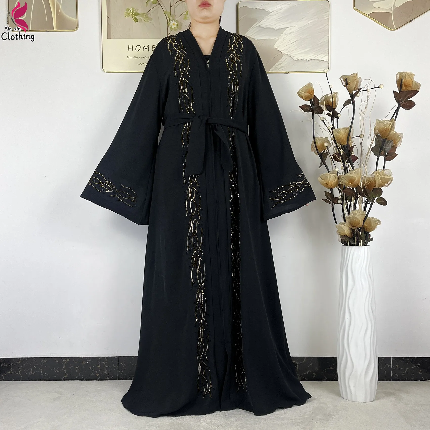 New Dubai Women Elegant Dress Diamonds Chiffon Open Abaya with Zipper Islamic Turkey Clothing Women Muslim Party Evening Dress