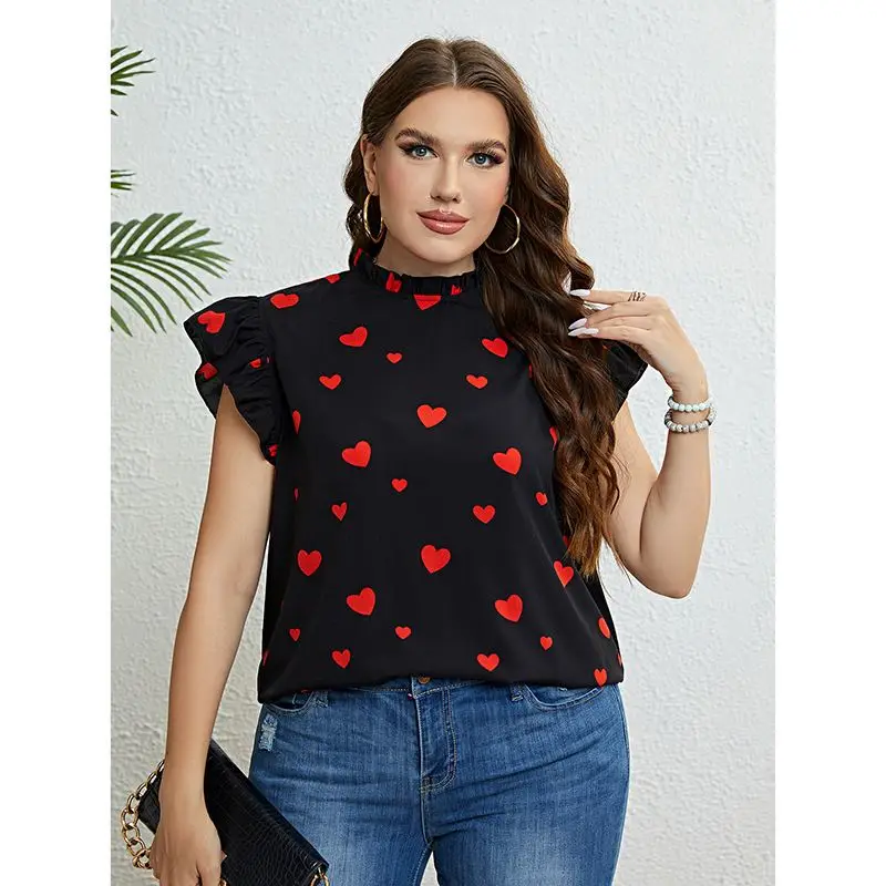 Summer Casual Tops plus Size Heart Print Women irt round Ne ort Sve Floral Print Maxi Dr Other Material 00%
