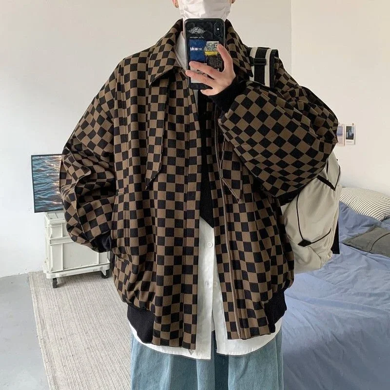 

Мужская куртка с капюшоном в шахматном порядке, европейская уличная винтажная уличная одежда с воротником для весенне-осенней одежды
