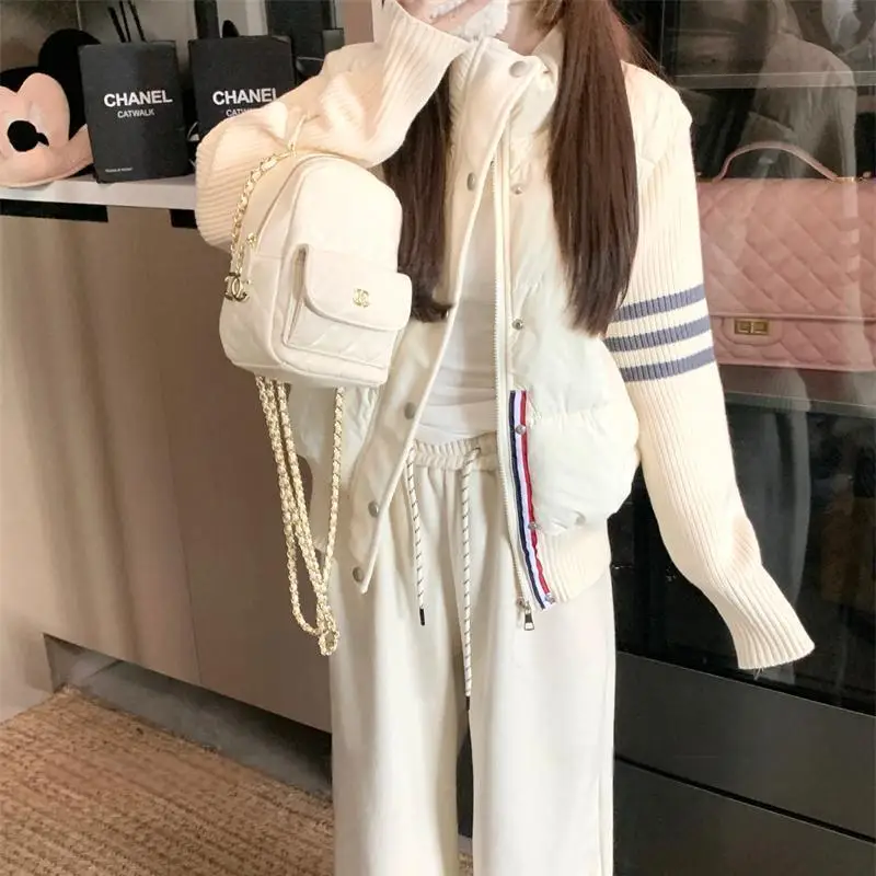 Little Women's Wear Knitted Stitching Coat Down Cotton-padded Short Female 2025 Winter Casual Jacket Loose Collar Thick Overwear - Image 5