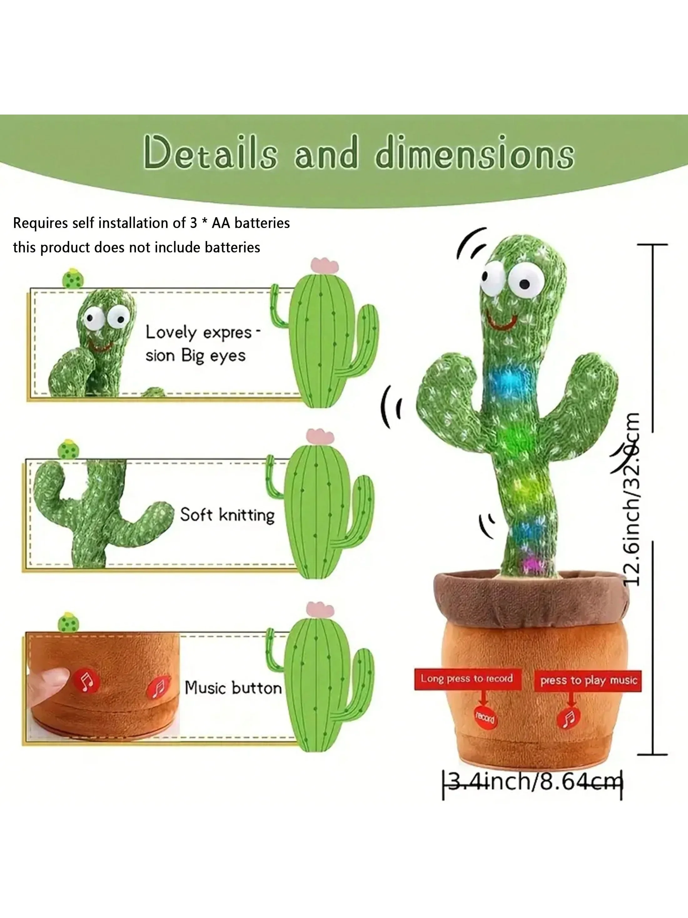 Juguete de Cactus parlante para bebé, recarga, canto, grabación de imitación, repetición de lo que dices, Sunny Cactus Up Plus, 1 unidad