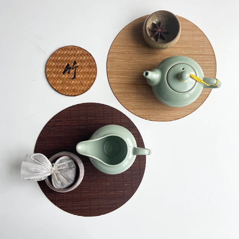 Traditional Chinese Bamboo Tea Set Oval Woven Bamboo Coasters for Heat Insulation Vintage Style Tea Ceremony Essentials