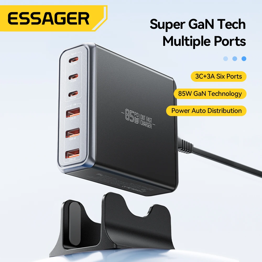 

Essager 85 Вт GaN USB Charger 6in1 Настольное зарядное устройство USB Type C для iPhone17 16 15Pro Xiaomi Samsung Смартфон Ноутбук