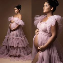 Pink Women Maternity Dresses for Photo Shoot Ruffles Tulle Sweetheart Off Shoulder Baby Shower Pregnant Custom Made Prom Gown