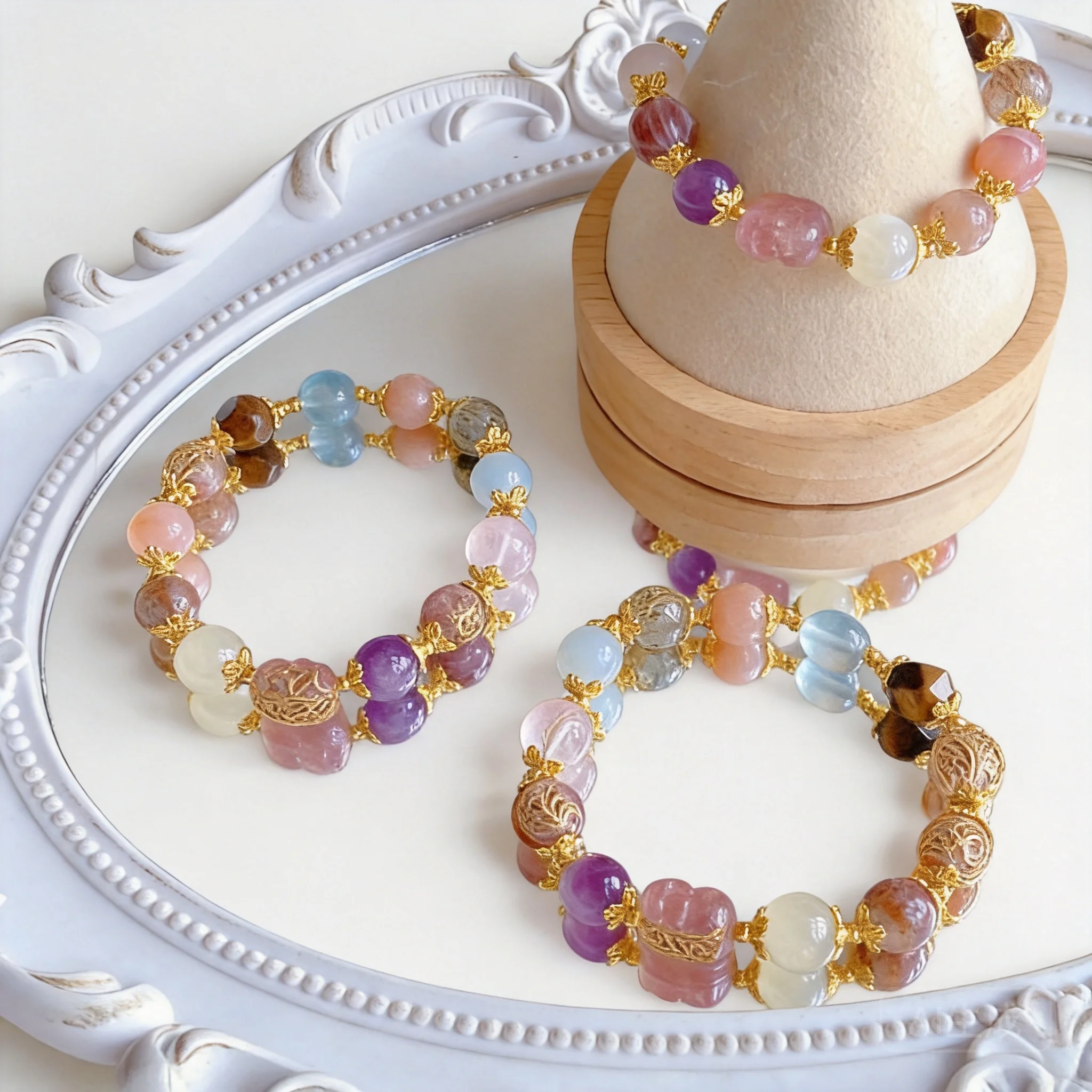 Chinese Style Lucky Pixiu Multi Gemstone Beaded Bracelet Strawberry Crystal Amethyst Lepidolite Wealth Attraction Good Luck Feng