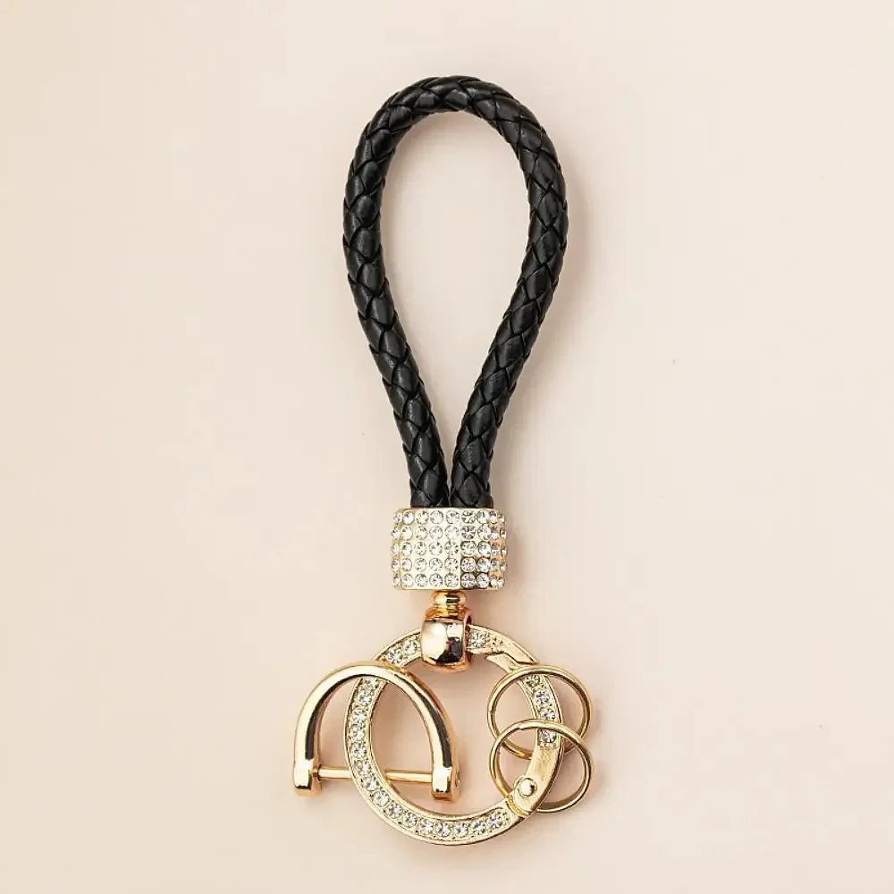 1pc Handcrafted Braided Rope Keychain Sparkling Rhinestones - Stylish Monochrome Car Key Ring Fashion-Forward Accessory