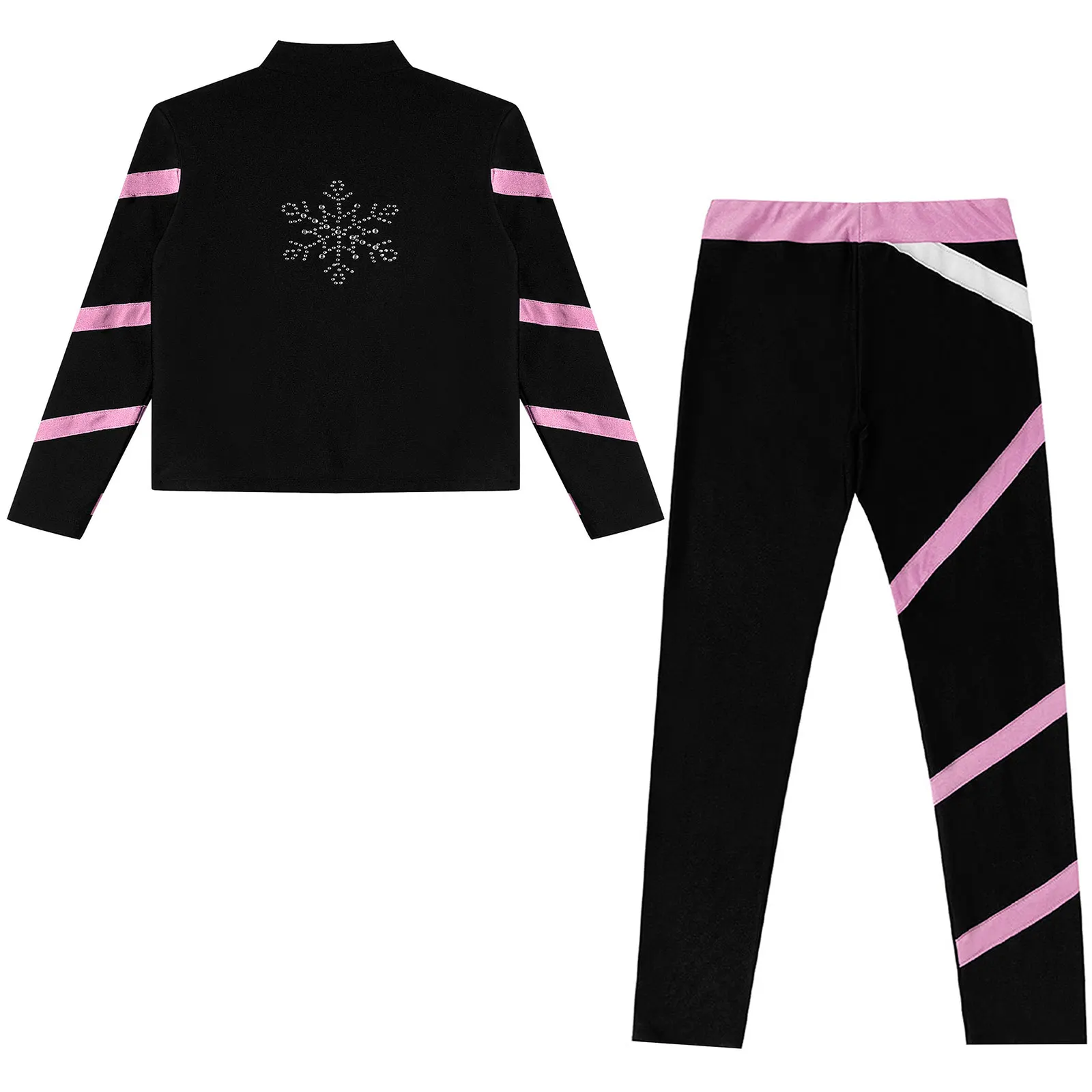 Kids Girls Gymnastics Figure Skating Ballet Costume Tracksuit Zipper Stand Collar Fleece-Lined Jacket with Leggings Dance Wear