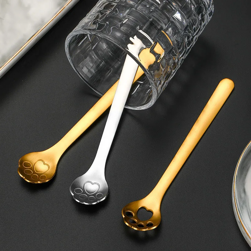 304 Stainless Steel Spoon Creative Cute Cat Claw Peanut Butter Hollow Spoon Long Handle Tableware Coffee Spoons Accessories
