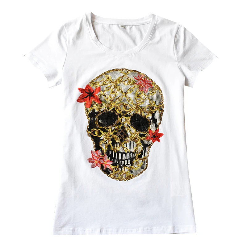 2022 Newly Summer Womem's t shirts Shining Crytal Diamond Skull Print Fancy Design Women t-shirts High Cotton Short Sleeve TOP