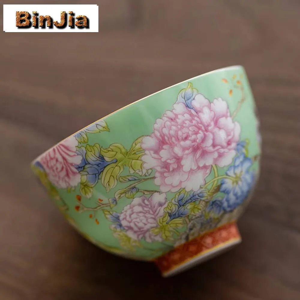 

2pc/lot Chinese Enamel Color Tea Cup Ceramic Peony Master High-grade Household Palace Flower Set Portable Small Bowl Craft 65ml