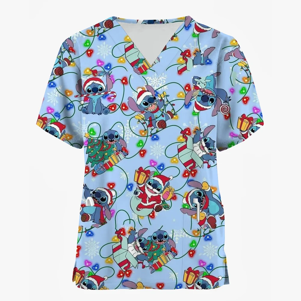 Uniformes d'infirmière College pour femmes, chemisier médical, salopette, manches courtes, col en V, joyeux Noël, Disney Stitch
