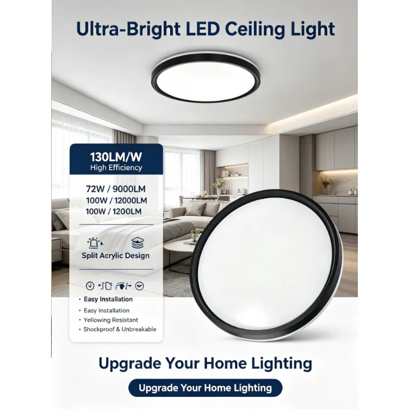 Modern Led Ceiling Light Round Fixture With Black Rim And Frosted Diffuser For Living Room Bedroom Minimalist Home Lighting