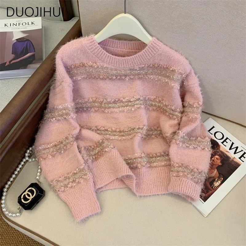 DUOJIHUI Pink Striped Sweet Soft Simple Sweater Women Pullovers Autumn New Knitting Basic O-neck Casual Fashion Female Pullovers