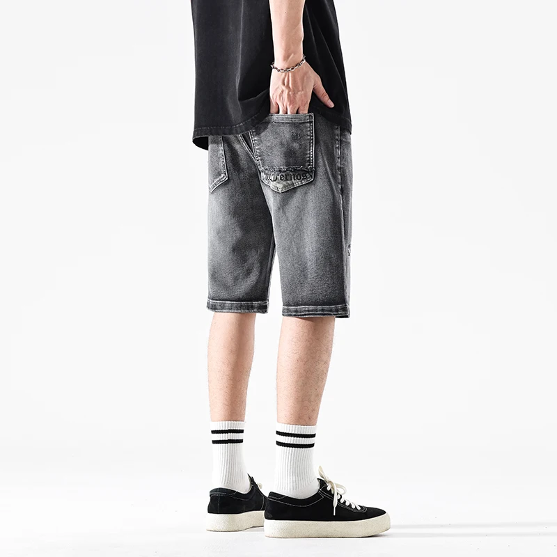 夏に涼しいデニムショートパンツ、穴あき5分丈パンツ、2025年新作カジュアルブラックヴィンテージショートパンツ、ストリートウェアメンズジーンズ