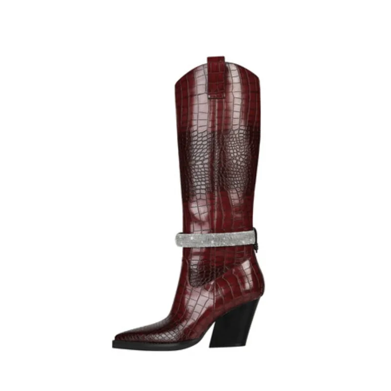 

European and American Women's Retro Stone Patterned Thick High-heeled Minimalist Pointed Fashion Knee High Sleeve Boots