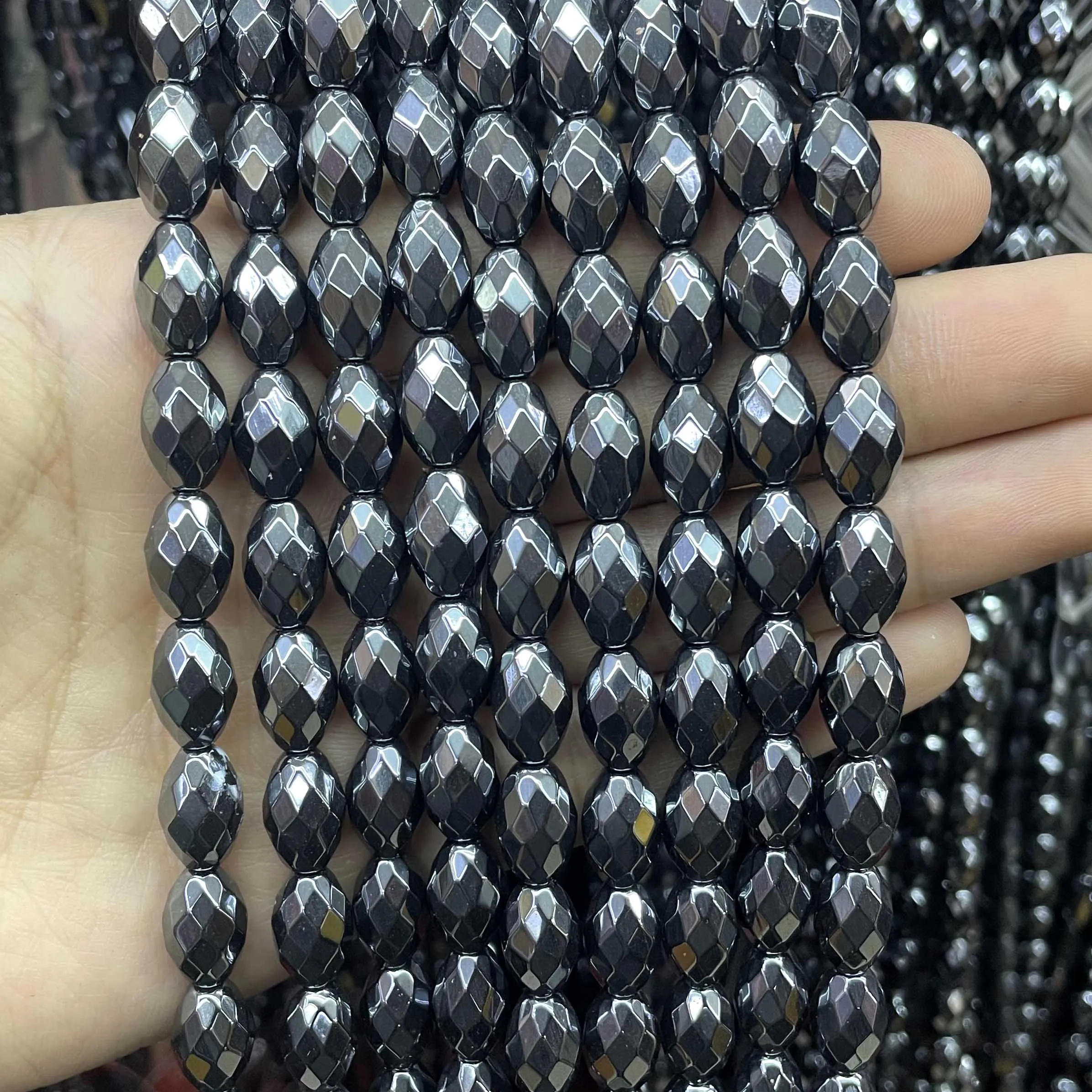 Natural forma de arroz facetado preto hematite pedra solta espaçador grânulos para fazer jóias charme diy pulseira colares material