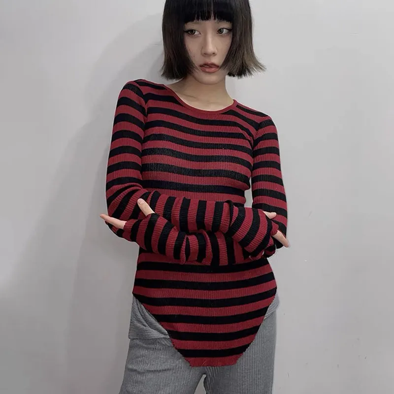 Karrcat Grunge Aesthetics Knitted Tops Vintage Irregular Ribbed T-shirt Gothic Red Stripes Long Sleeve Tshirt Punk Alt Knitwear