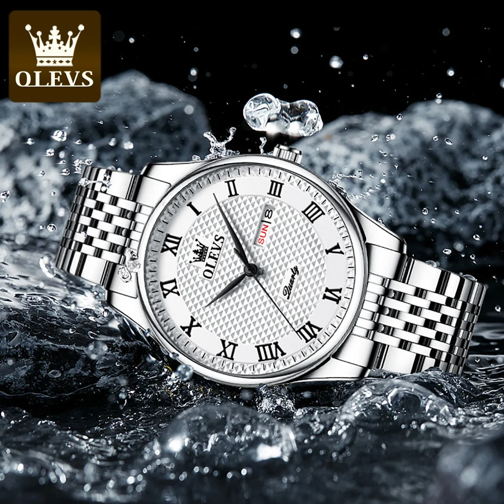 OLEVS Brand Original Fashion Men\'s Watch Roman Scale Stainless Steel Dual Calendar Wristwatch Waterproof Simplicity Quartz Watch