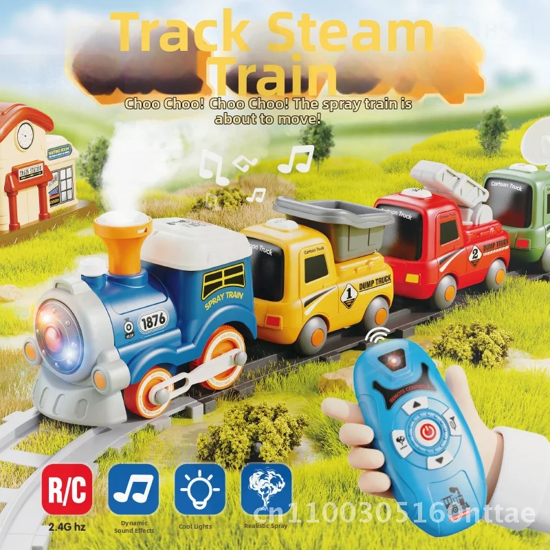 만화 연기 자석 기차 세트, 3세 어린이용 리모컨 포함, 교육용 트랙 장난감, 확장 가능한 마카롱 포함