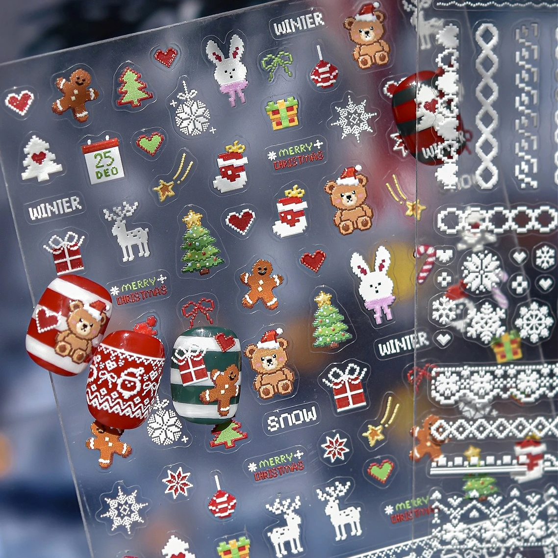 Christmas Tree Bear Deer White Snowflakes Lace Heart Gingerbread Man Snowman Santa Claus Crystal Ball Nail Art Stickers Decals