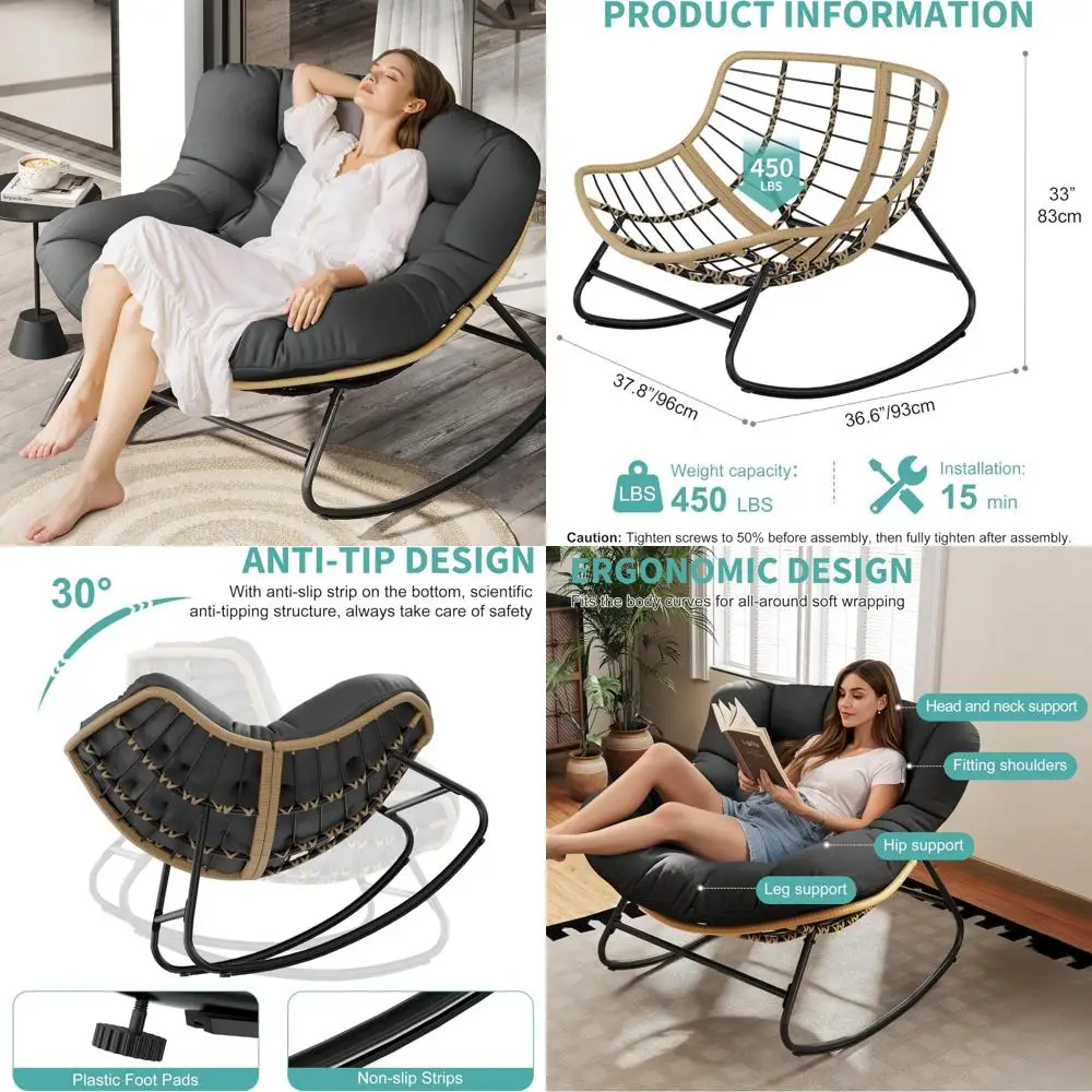 

Large Capacity Wicker Egg Lounge Chair with Cushion for Outdoor and Indoor Use, Suitable for Up to 450lbs