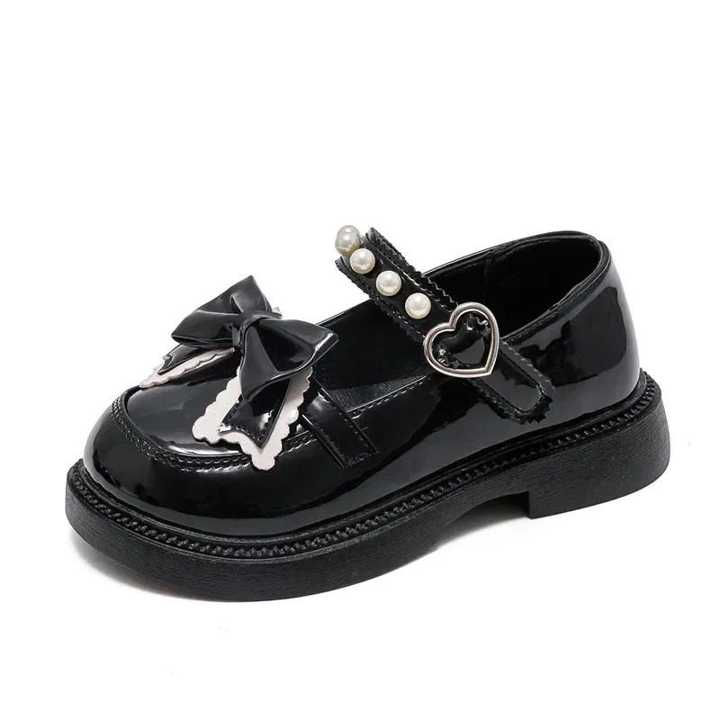 Girls Princess Leather Shoes Spring Autumn Black Children\'s Flats Fashion Sweet Kids Bowknot Mary Jane Shoes Glossy Thick Bottom