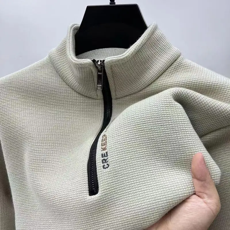 Winter New Warm Fleece Loose Sweatshirts Men Stand Collar Top Tee Casual Zipper Solid Color Long Sleeve T-Shirt Men's Clothing