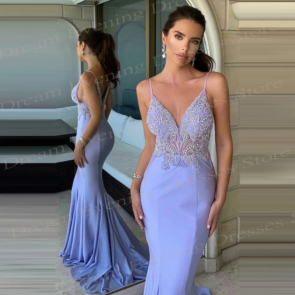 Vestidos de noche de sirena para mujer, sexys y populares, elegantes tirantes finos, vestidos de fiesta personalizados con cuello en V y cuentas