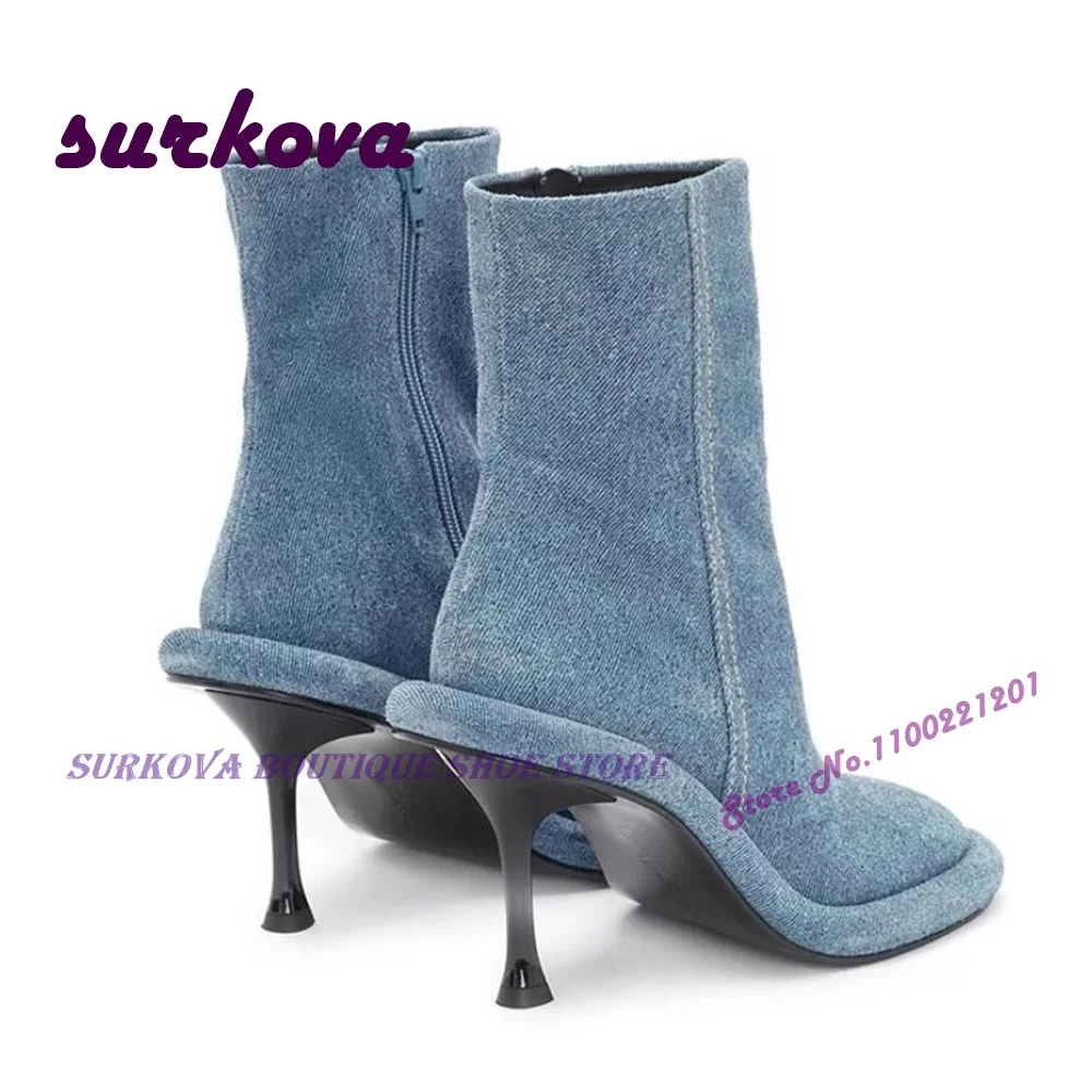 Bumper-tube Side Zip Denim Ankle Boots Round Toe Solid Patchwork Spring Winter Women's Boots Casual 2023 New Plus Size 43 Sexy